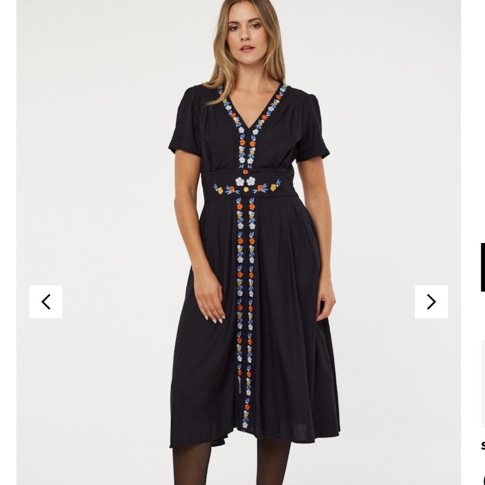 NWT Joanie "Podie" Dress Embroidered Floral Midi Black Eco Friendly US 14